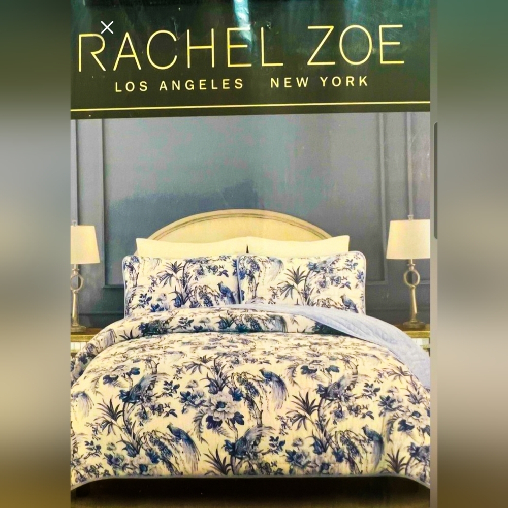 Rachel Zoe Full/Queen Blue & White Toile Bird Floral Quilt Set 3pc